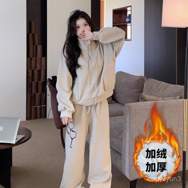 免運 臺灣出貨 冬天套裝女 休閒運動套裝女衛衣加絨冬季時尚洋氣顯瘦港風慵懶風闊腿褲兩件套 LQAO