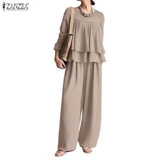 ZANZEA 女式韓版休閒圓領長袖寬鬆上衣+闊腿褲套裝
