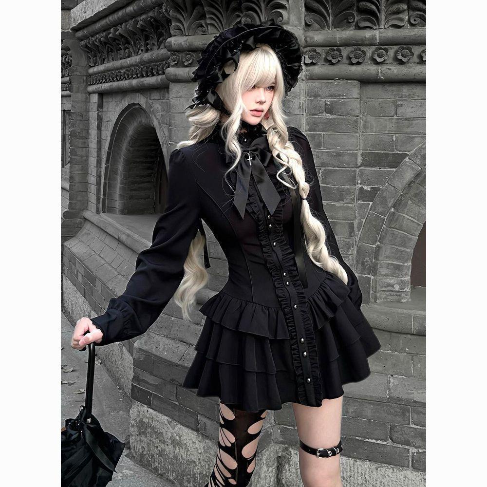 【免運 實拍】見習魔女 秋冬新款日系暗黑cla系設計感長袖蕾絲花邊顯瘦連衣短裙免運