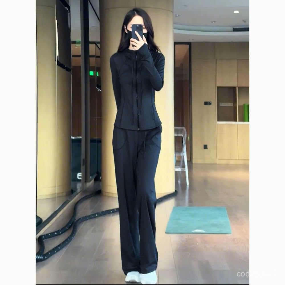 免運 臺灣出貨 冬天套裝女 休閒運動套裝女春秋年新款時尚洋氣黑色跑步運動服兩件套顯瘦 AHM7