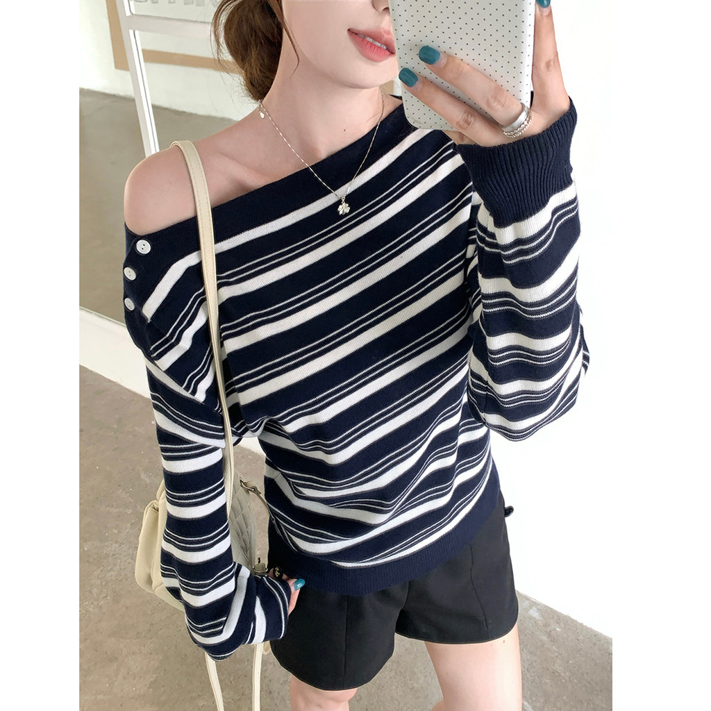 小個子巨好看的條紋斜肩毛衣女秋季針織內搭打底衫可外穿高級感法式小資小隻女穿搭 矮個子