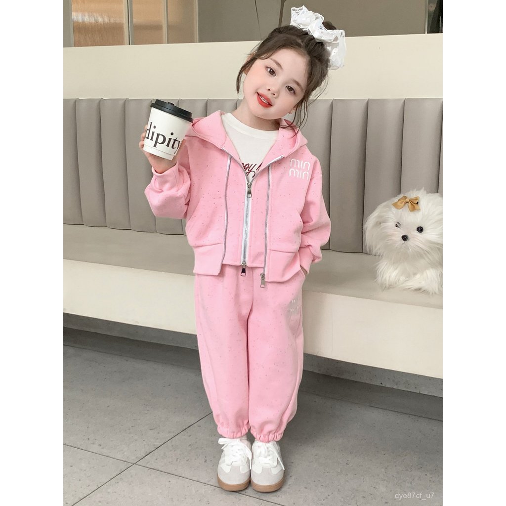 喵咪咪童裝【免運+全店促銷】女童秋裝套裝新款網紅雙拉鏈兒童連帽衣服秋季衛衣衛褲兩件套 女童套裝 女童外套