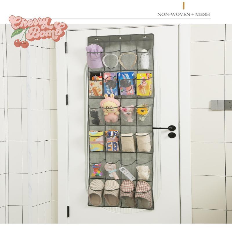 (櫻桃炸彈) 門鞋收納袋懸掛式儲物袋帶門鉤 24 個網眼口袋透氣可折疊壁櫥收納袋全新
