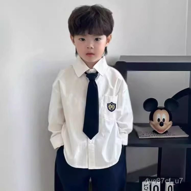 喵咪咪童裝【免運+全店促銷】白色新款男童長袖襯衫春春秋中大兒童春百搭襯衣男孩炸街上衣