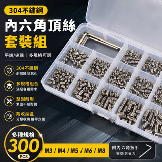 【台灣出貨🔥】304不鏽鋼內六角頂絲套裝 平端尖端機米螺絲 M3/M4/M5/M6/M8 多規格組合