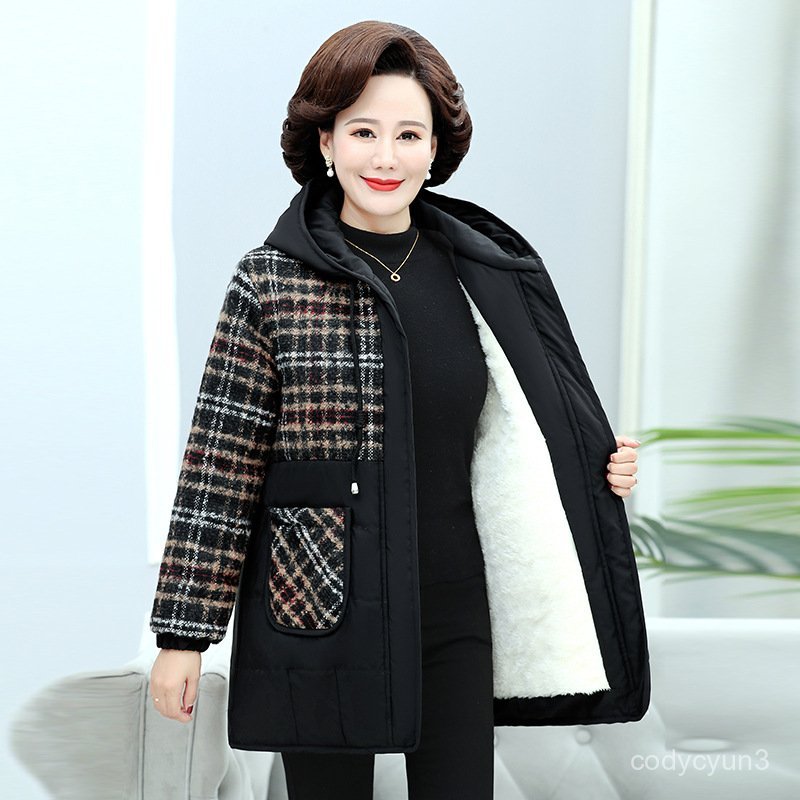免運 臺灣出貨 中年媽媽 棉衣 棉服 中老年女冬裝加厚棉衣外套中長款加絨保暖棉襖洋氣媽媽裝格子棉服 OB3W