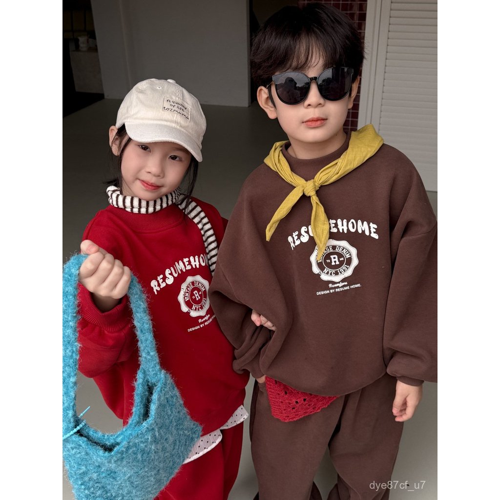 喵咪咪童裝【免運+全店促銷】童套裝秋冬男童女童韓版加厚加絨字母兩件套兒童休閒運動套裝 男童冬裝 韓版童裝 女童衣服