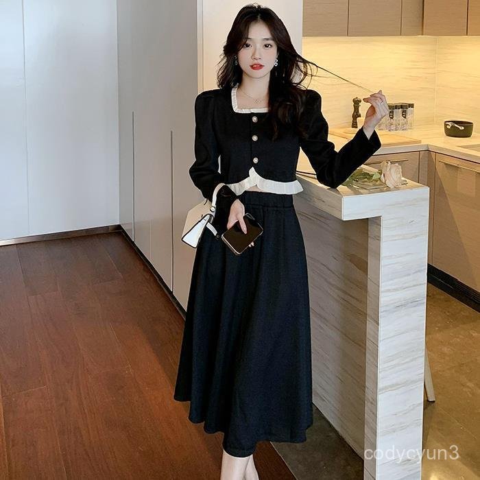 免運 臺灣出貨 冬天套裝女 大碼法式複古長袖襯衫女小香風套裝秋季胖MM顯瘦半身裙兩件套裙裝 QBC6