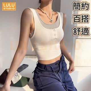 LULU【拼色瑜伽上衣】含胸墊 假兩件 透氣 收副乳 運動背心女 緊身 彈力 修身 跑步 健身服 運動T恤 SY36