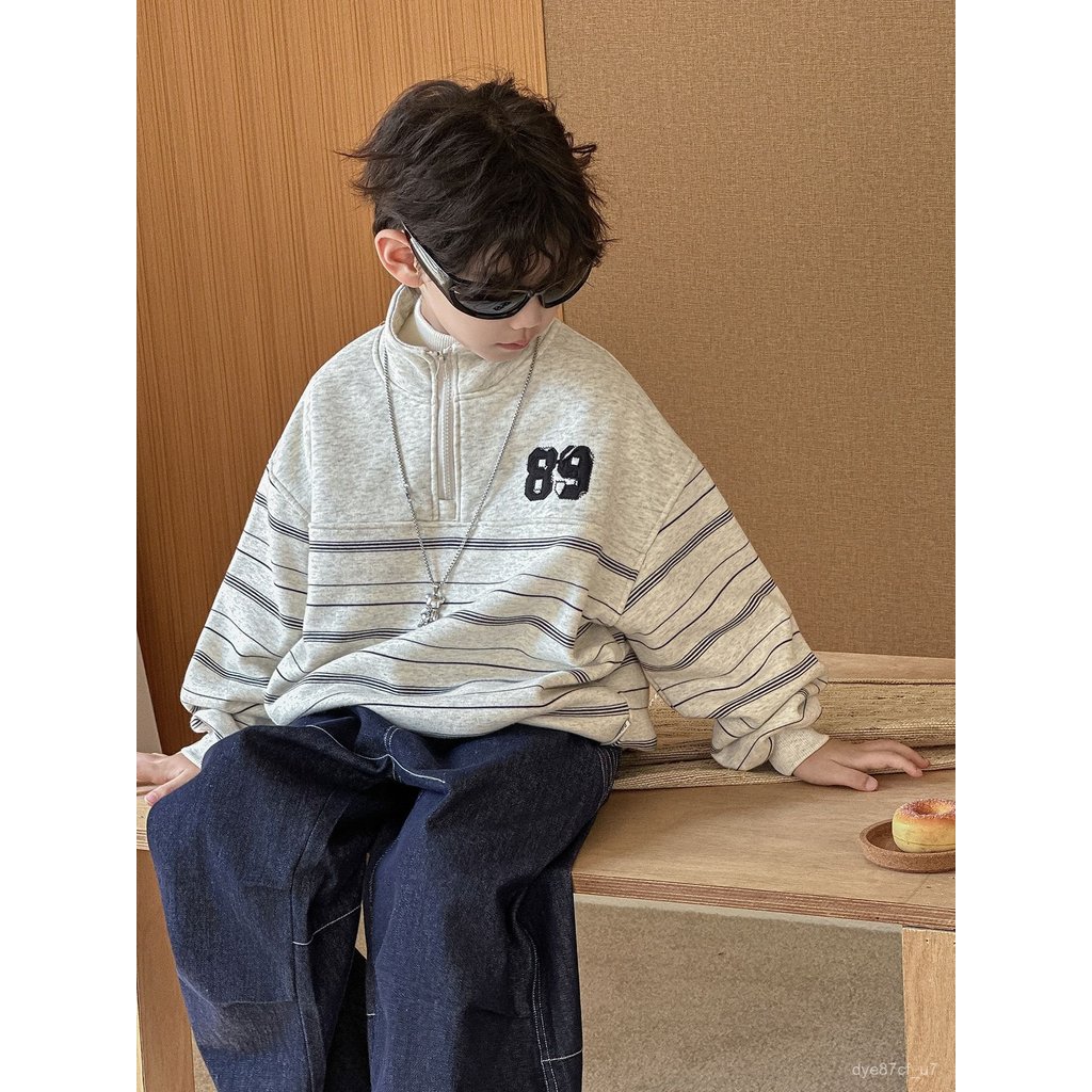 喵咪咪童裝【免運+全店促銷】棉小鋪衛衣兒童秋冬韓版新款條紋加絨秋季美式複古學院風上衣 童裝 男童冬裝 秋冬童裝