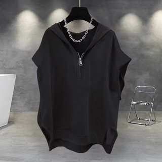 L-Design 男t 短T 無袖T T恤衫港風連帽男外穿帥氣潮流帥氣拉鍊開衩設計感無袖背心寬鬆百搭T恤