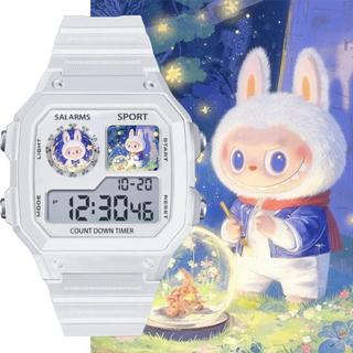 台灣發貨 🎊新款方形labubu手錶防水防摔學生拉布布爆款卡通夜光電子手錶
