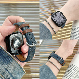 高級感 牛仔牛皮 針扣真皮錶帶 適用 Apple watch S12 11 10 9 8 7 6 SE3 42 46mm