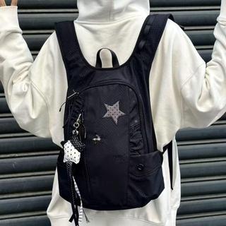 🔥限時超殺價 書包 雙肩包 後背包 大容量雙肩包 設計感雙肩包 百搭 黑色星星刺繡少女揹包波點印花雙肩包初高中學生大容