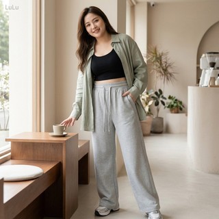 韓系長款大碼運動衛褲女胖MM300斤春秋新款彎刀香蕉闊腿窄版直筒休閒褲子胖mm顯瘦穿搭大尺碼褲子大碼女裝「LuLu」