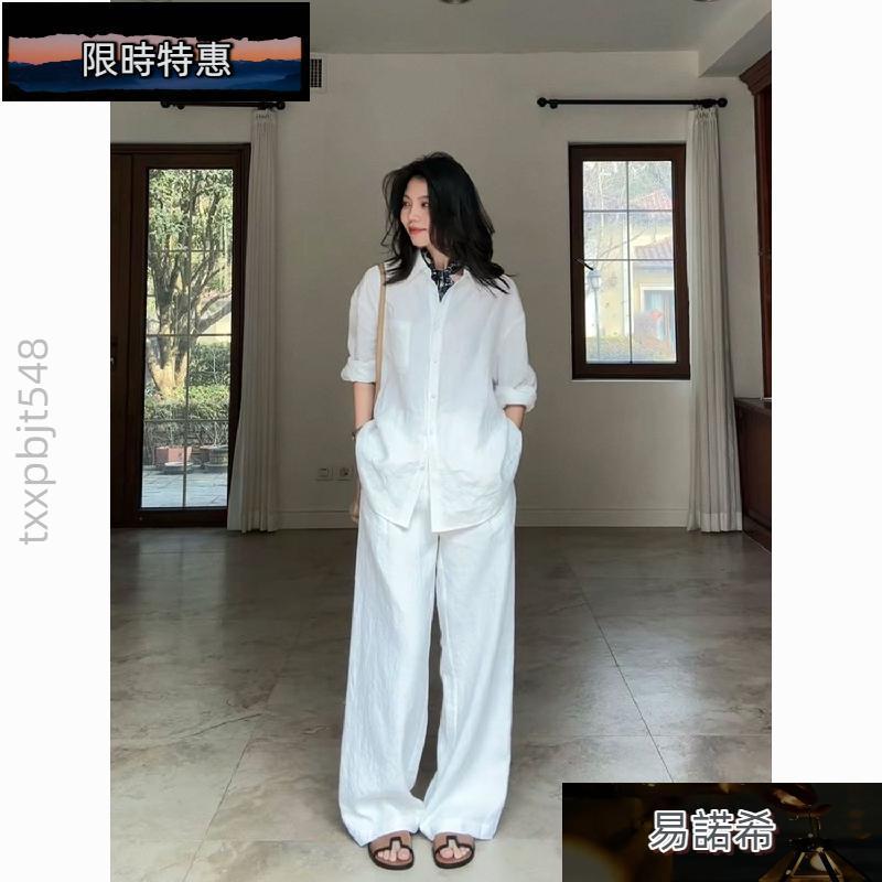 ❤️免運❤️老錢風套裝 小資穿搭 鬆弛感老錢穿搭亞麻襯衫套裝女夏慵懶風寬鬆防曬襯衣闊腿褲兩件套D01