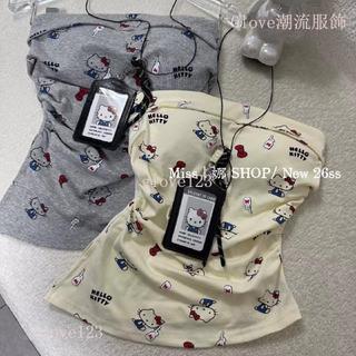 【性感辣妹開叉】Glove 甜酷辣妹純欲風 Hello Kitty 印花 拼色 立體蝴蝶結 性感 開叉 抹胸 女 夏 台