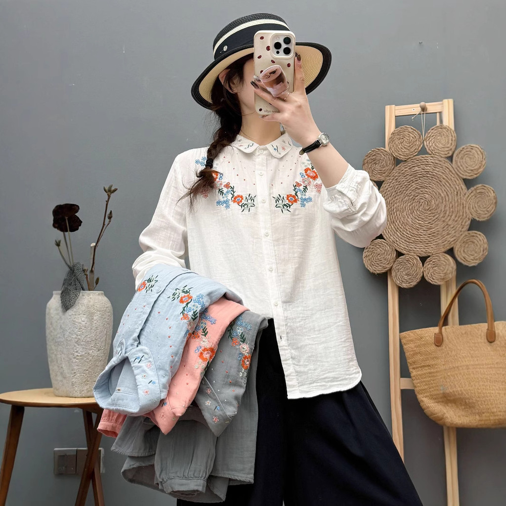 [Ready Stock] 高品質女式 100% 棉紗襯衫襯衫日本 Mori 女式 Mori 蕾絲刺繡開衫