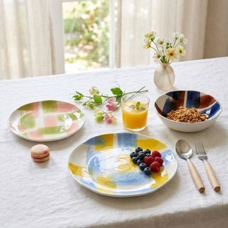 現貨 日本 手繪雙色刷毛紋甜點盤 20cm｜BISQUE 蛋糕盤 沙拉盤 水果盤 陶瓷盤 餐盤 可微波盤 碗盤器皿