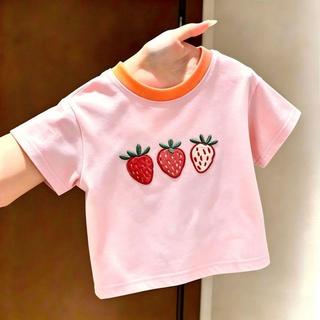 Healthy baby 兒童夏季新款仿刺繡印花可愛草莓卡通短袖T恤男女童百搭純色上衣 女童短袖 兒童短袖 短袖