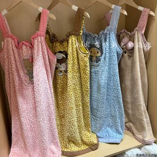 台灣出貨 純棉吸水浴巾 高級感豹紋Kitty吊帶浴裙女可穿可裹洗澡浴巾珊瑚絨加厚抹胸浴袍 大尺寸 久用不掉毛 親膚