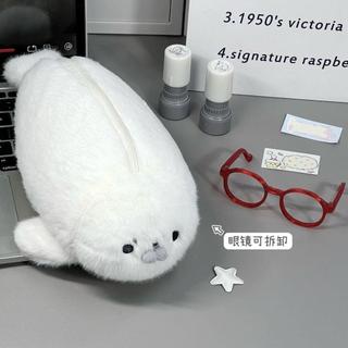 臺灣現貨🔥Mail❤️萌系海豹毛絨筆袋學生文具小動物筆袋抽象搞怪簡約收納袋大容量