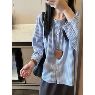 法式獨特條紋珍珠鈕釦襯衫女秋季新款早秋高級感chic上衣 長袖襯衫 小眾上衣 女裝 休閒襯衫 顯瘦上衣 條紋襯衫 襯衣