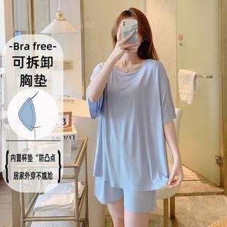 【臺灣出貨】帶胸墊bra睡衣女莫代爾短袖可外穿家居服加大碼胖MM200斤新款套裝