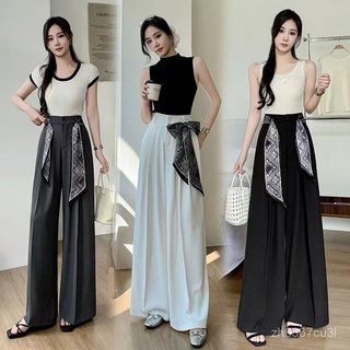 免運 臺灣出貨 夏季西裝褲女 絲巾闊腿西裝褲女夏季高腰寬鬆垂感休閒褲時尚長褲拖地褲 QJU5