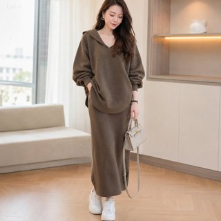 大碼韓版顯瘦套裝小眾拼接連帽半身裙寬鬆遮肚藏肉洋氣春秋平價百搭韓系兩件套胖mm2-300可穿大尺碼套裝「LuLu 」