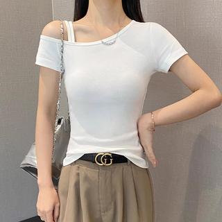 【candy】斜肩短袖T恤女 一字肩短袖上衣 露肩顯瘦 白色 修身一字領半袖 內搭顯瘦上衣 3IIR