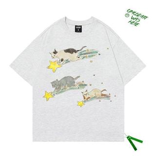 【設計短袖】Cm specially 夏季可愛插畫騎星星的貓卡通印花oversize短袖T恤