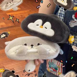 臺灣現貨🔥Mail❤️ins毛絨水獺刺繡筆袋抽象搞怪學生高顏值卡通企鵝便攜大容量收納