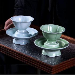 景德鎮仿宋青瓷茶盞湖田窯葵口單杯手工雕刻蓮花品茗杯家用主人杯aju
