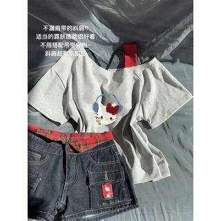 網紅同款🌈】新新款夏季透氣🌸可愛成人斜肩設計感吊帶T恤女2025夏季新款kitty貓可愛甜美百搭風ins上衣K8I6