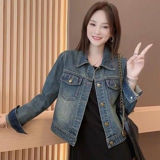 胖胖美依 牛仔外套 短外套 牛仔上衣 S-2XL 新款復古顯瘦牛仔外套女百搭POLO領長袖夾克短款上衣-10480.