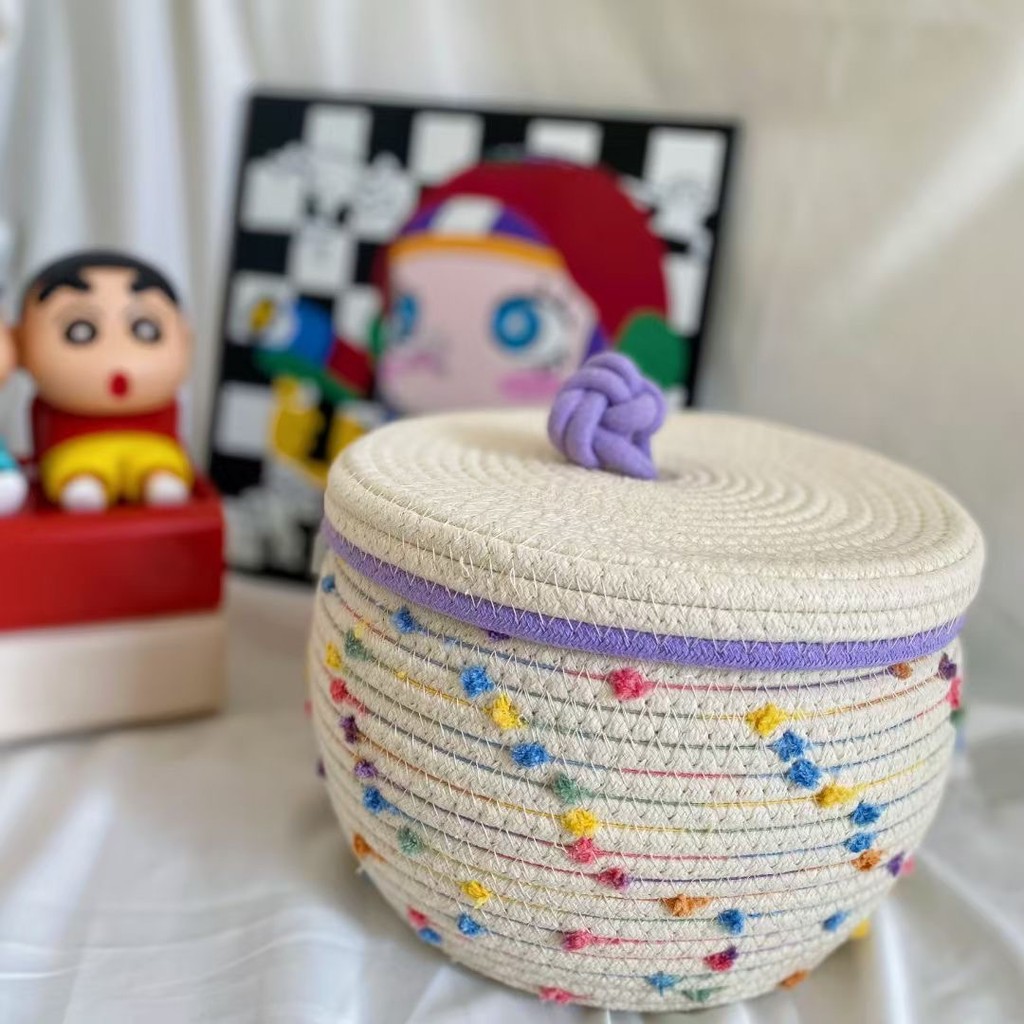 📦臺中發貨🏡    🧺斯堪地那維亞的溫柔秩序 北歐彩點棉繩收納籃 帶蓋防塵設計 編織生活美學 辦公桌收納擺飾  家居收納