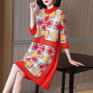 三宅一生洋裝 三宅一生衣服高品質褶皺褶衣 專櫃同款跨境獨立站褶皺時尚媽媽氣質連衣裙紅色減齡秋裝新款女小個子大碼