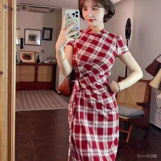 法式港風穿搭複古格紋短袖連衣裙子女夏季2025新款高級感包臀長裙 R3MI