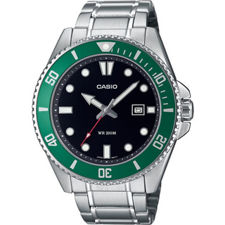 CASIO 黑水鬼 槍魚 200米運動休閒綠水鬼潛水概念錶(不鏽鋼X綠圈) MDV-107D-3A
