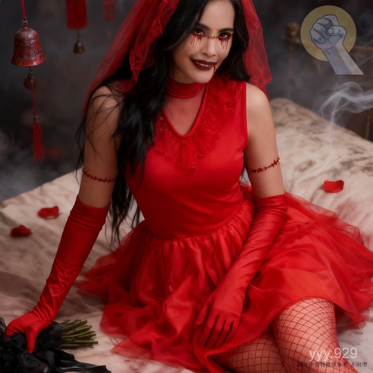 🔥免運🔥可開發票 萬聖節陰間鬼新娘女鬼角色演出服COS婚紗 紅色連衣裙裝扮聖節陰間鬼新娘女鬼角色演出服COS