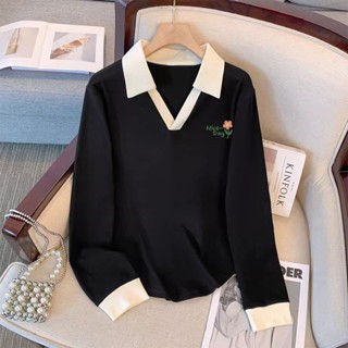 衣時尚 大碼上衣 長袖T卹 印花上衣 中大尺寸 M-4XL新款遮肚通勤顯瘦休閒Polo領上衣-7089.