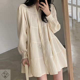 【可可裡】韓國chic春季簡約氣質翻領褶皺 感寬鬆單排扣泡泡袖 短款娃娃連衣裙