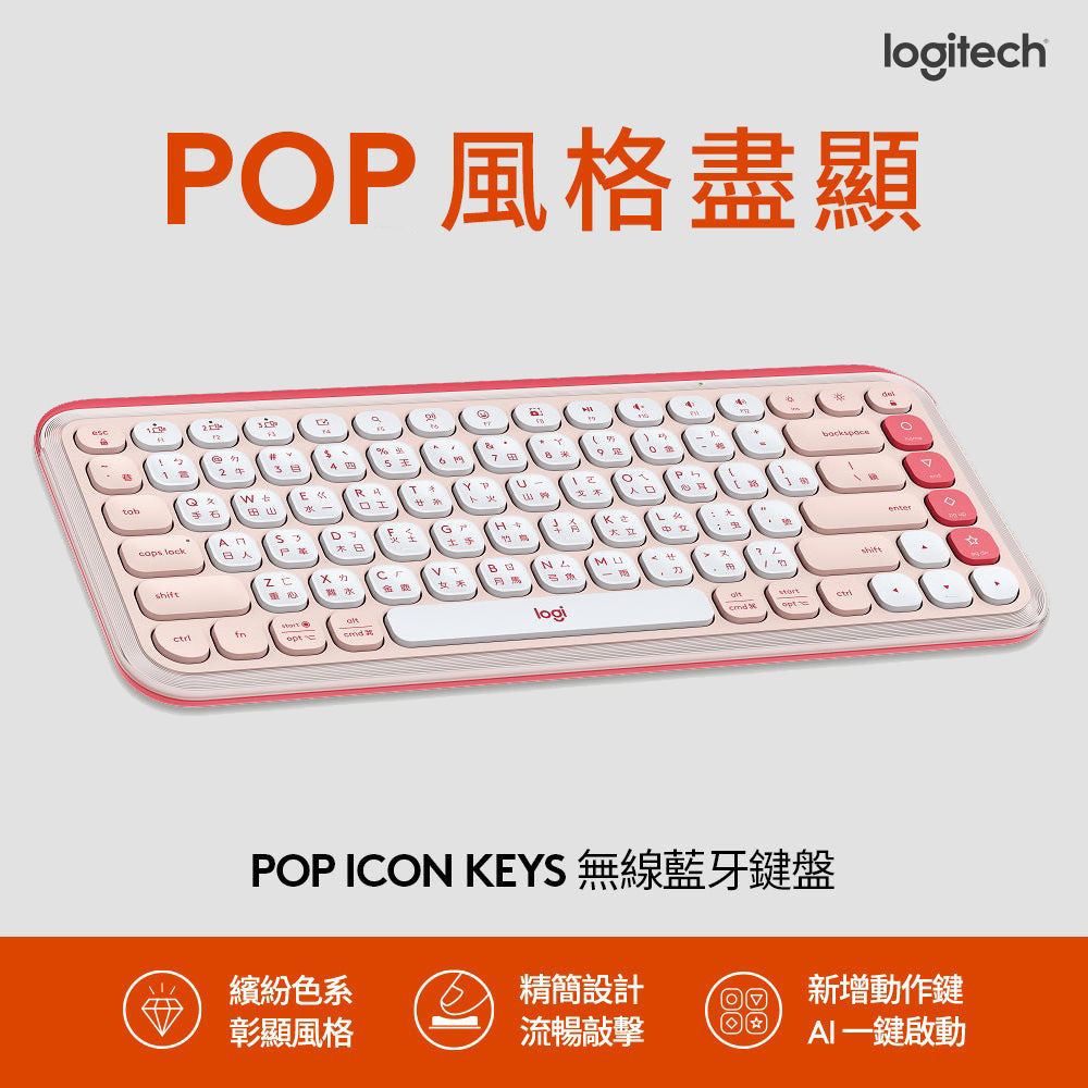 【Logitech 羅技】POP ICON KEYS 無線藍牙鍵盤 蜜糖粉