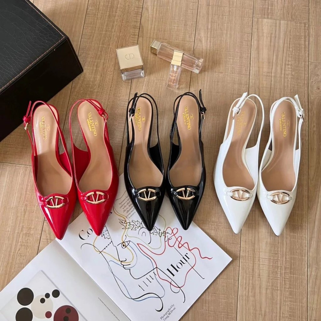 高版本VALENTIN**天奴2024新款爆款高跟鞋女細跟V扣單鞋尖頭涼鞋