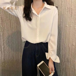 長袖襯衫女韓版 秋季白襯衫女抗皺韓版大碼雪紡長袖正裝襯衣女士職業裝白色打底衫上衣 純色垂感雪紡襯衫上衣 制服襯衫