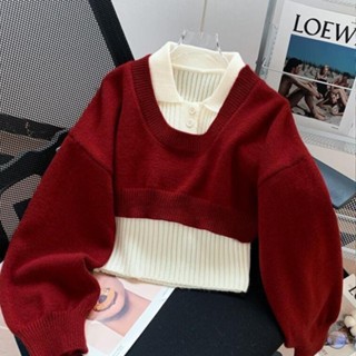 衣時尚 兩件式 針織上衣 內搭 背心 毛衣 新款polo領針織衫毛衣背心兩件套小個子穿搭時尚高腰短款上衣-7830.