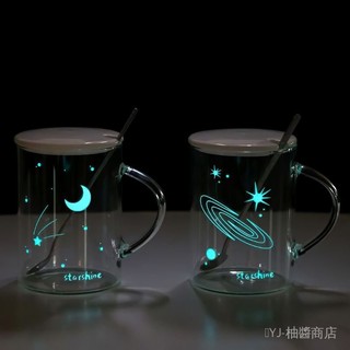 ✨可開發票#夜光耐熱玻璃盃子帶把星空辦公室男女水盃茶咖啡透明馬剋盃帶蓋勺#免運