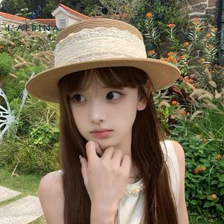 壹中出貨LALPINA 蕾絲編織平頂草帽女夏季海邊度假沙灘遮陽防曬帽赫本風