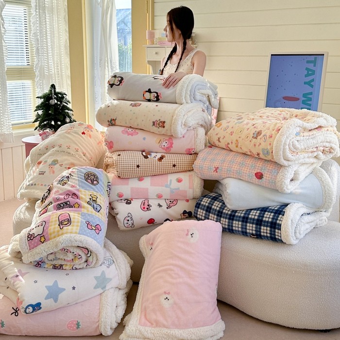 可愛的牛奶絨毛加厚超柔軟羊床法蘭絨毯子羊毛毯嬰兒/單人/大號/特大號卡通披肩毯子